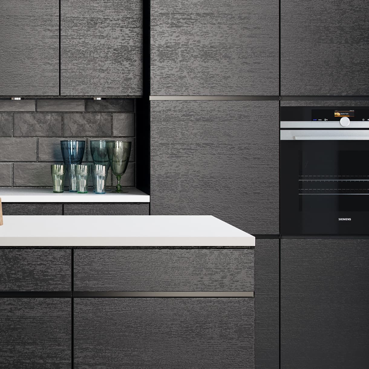 Cocina MANO sera con muebles de textura oscura y moderno horno empotrado, que ofrece un estilo contemporáneo que realza la funcionalidad y la elegancia.